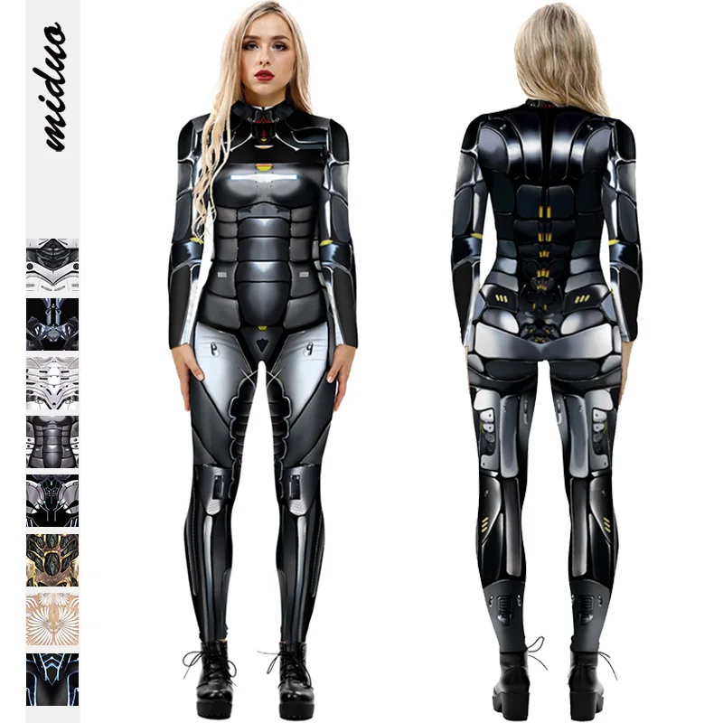 Macacões de impressão 3D de Halloween para mulheres, calças cosplay, manga comprida, bodysuit sexy magro, macacão, roupas Y2K