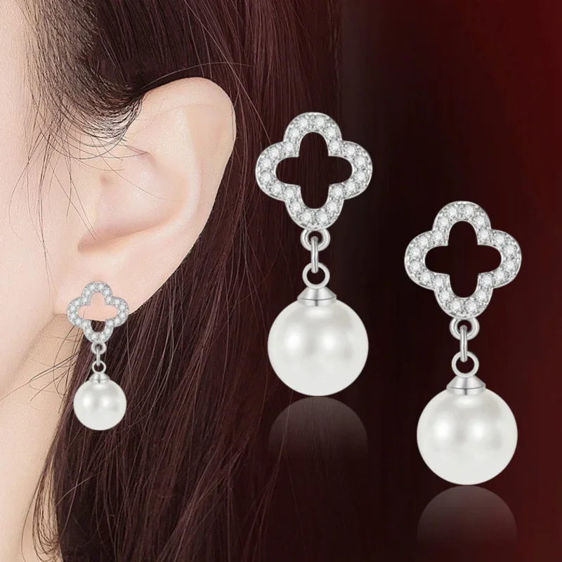 New 925 Sterling Silver Pearl Earrings Women Hollowed Fashion Four Leaf Clover Earrings Gifts Girls Women's Fine Jewelry