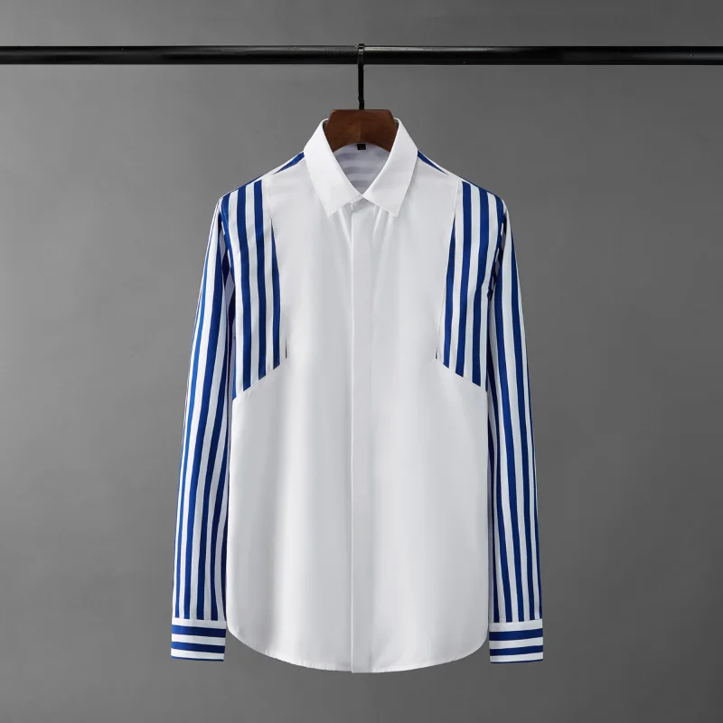 Minglu Cotton Mens Shirts High Quality Stripe Long Sleeve Splicing Casual Mens Dress Shirts Fashion Slim Fit Party Man Shirts