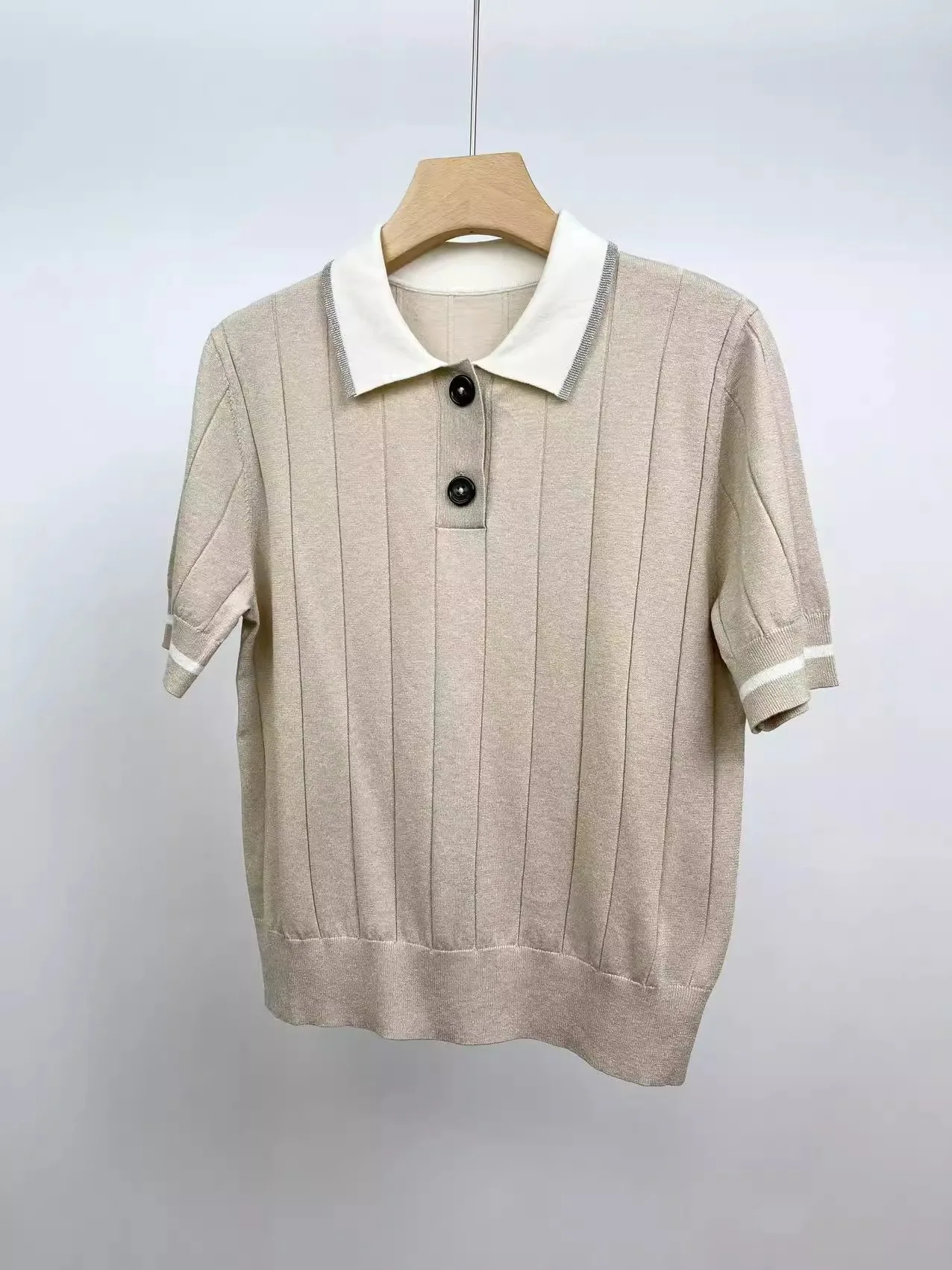 

Color-blocking lapel silk linen knitted sweater Leisure Versatile short-sleeved top female In the summer