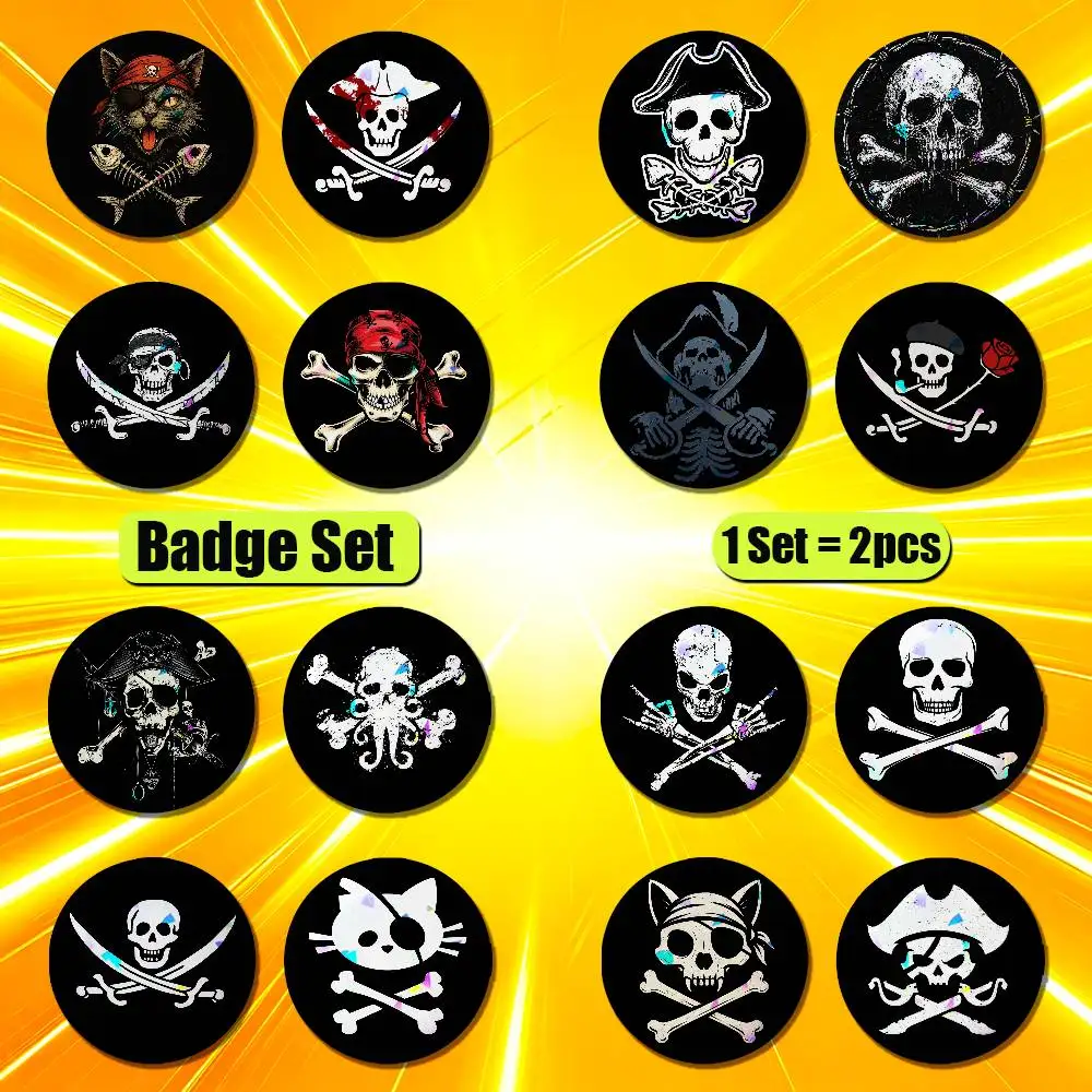 For Fish Cat Skull Pirate Jack Rackham Jolly Roger Enamel Pin Badge Set 2PCS Round Metal Button Brooch Backpack Ita Bag Pins