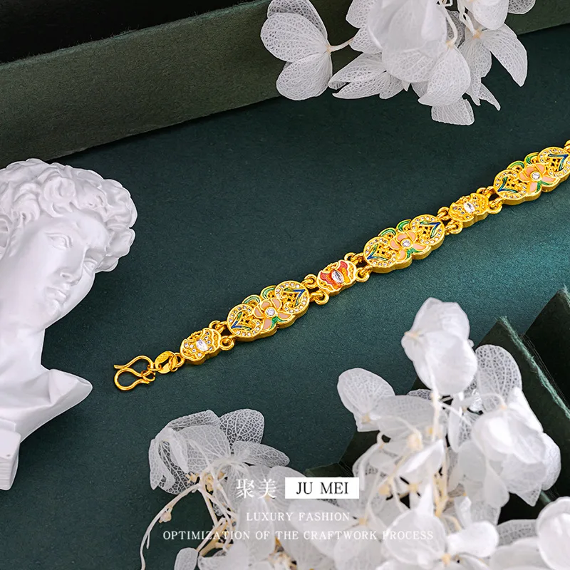

New Chinese 9999 24K real gold Ancient method Hui quality LAN heart bracelet hand enamel palace classical hollow inlay