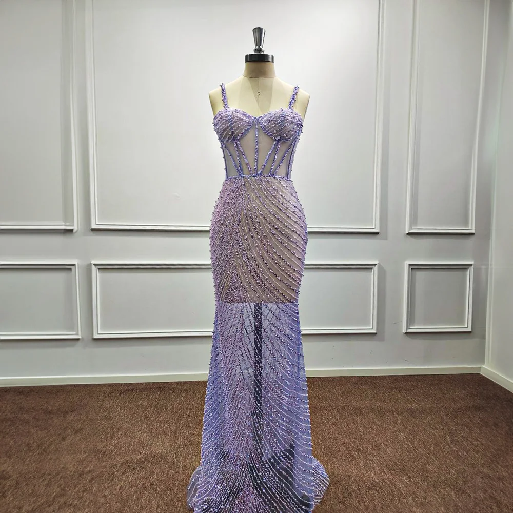 Sequined Pearl Lilac Mermaid Evening Dress Sweetheart Beaded Spaghetti Straps Elegant Luxury Long Formal Prom Party Gown Vestido