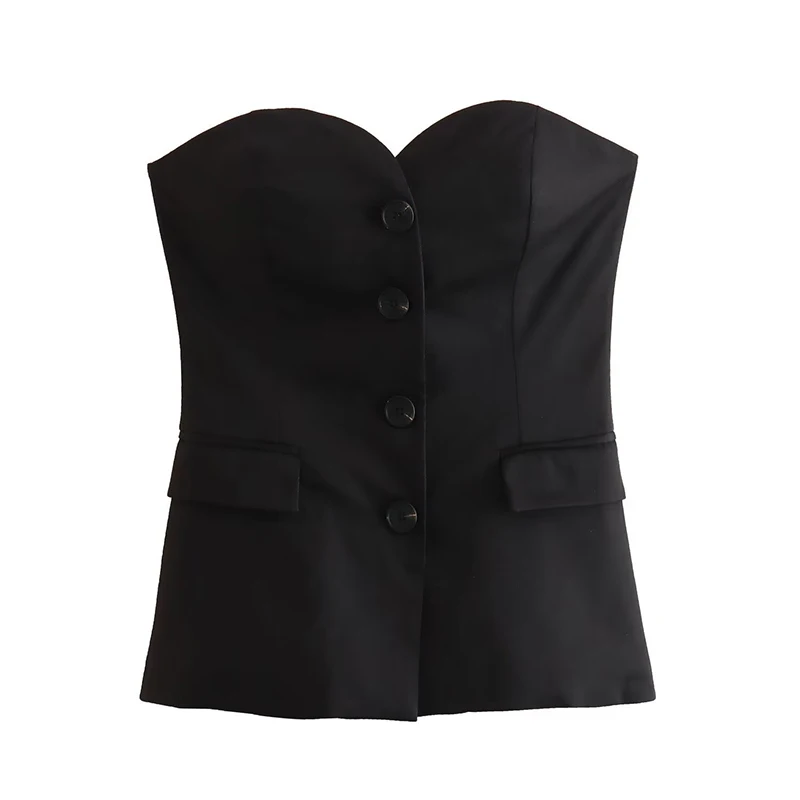 OMSJ Vintage Commuter Style Classic Black Suit Waistcoat Simple Elegant Single Breasted Strapless Sleeveless Vest Tops OL Street