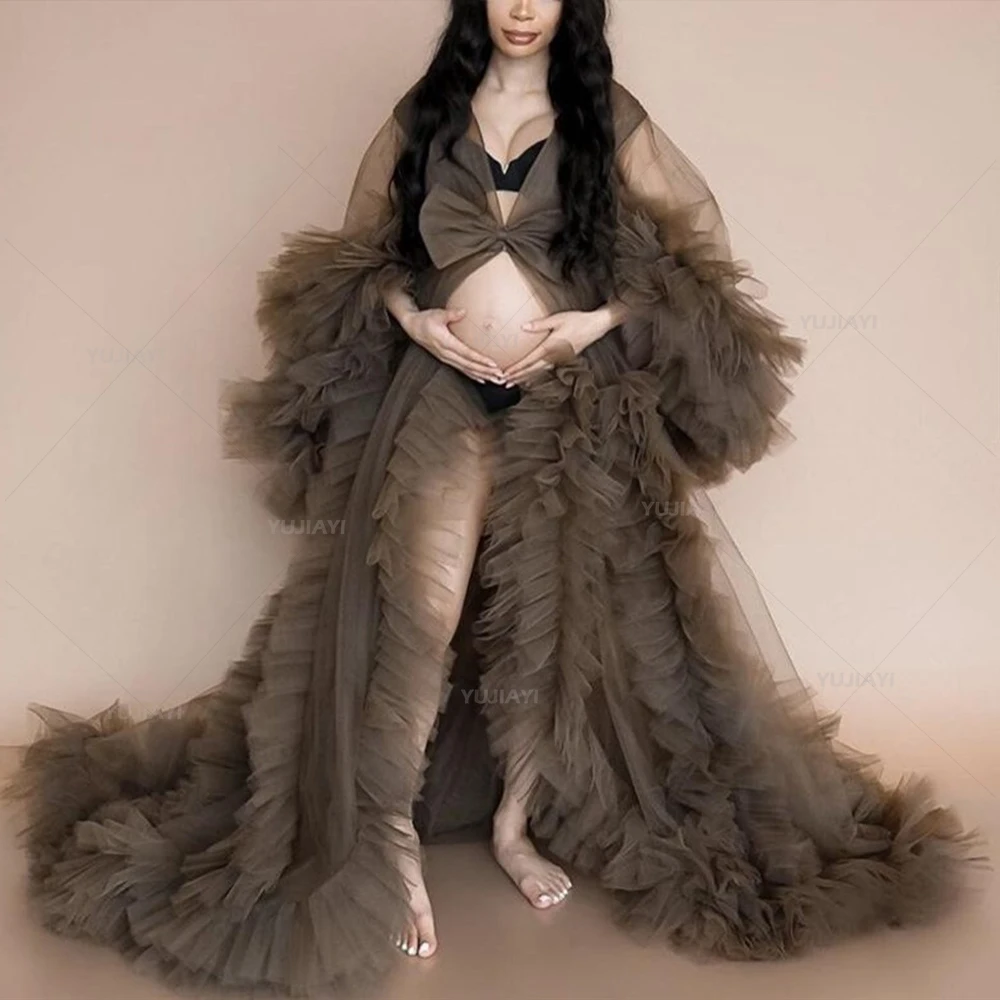 Customized Puffy Tulle Maternity Robes Tiered Ruffles Pregnant Woman Photoshoot Gown Front Split Boudoir Sleepwear Nightgown