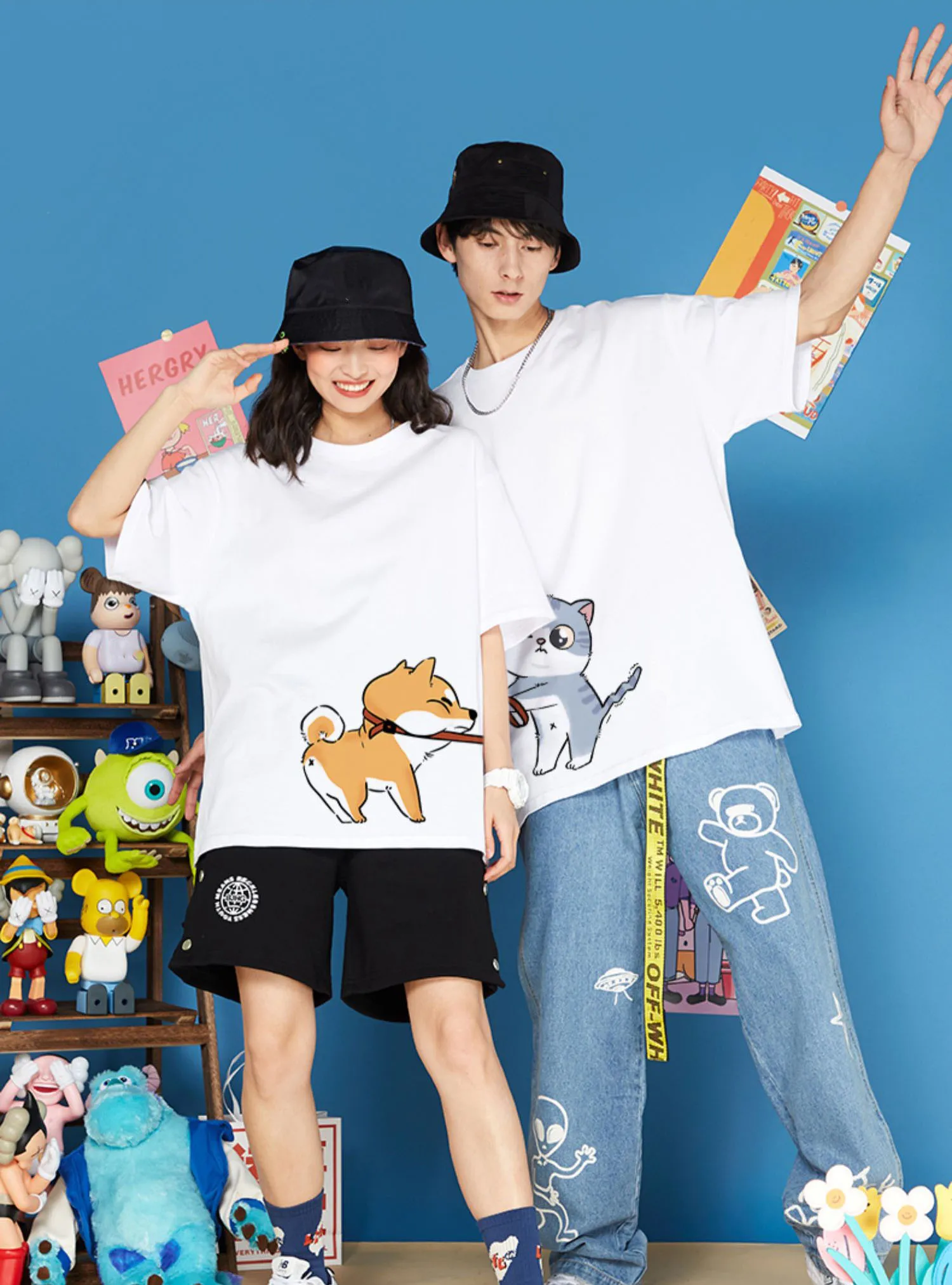 Cartoon Cat Leads Dog Print For Couple Clothes 240g High Quality Cotton Summer Fashion Crewneck Men Women Short Sleeve Tshirt