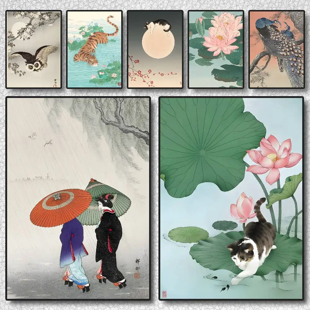 Ohara Koson-Póster artístico de pared japonés Ukiyo, arte autoadhesivo, pegatina impermeable, decoración de pared de habitación de dormitorio y cafetería