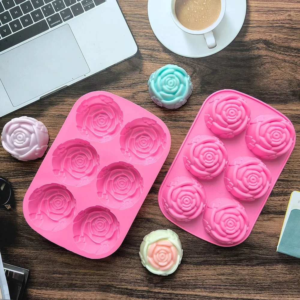 6 Holes Flower Rose Handmade Soap Candle Mold Silicone Cake Mold Bakeware Baking Dish Pan Muffin Mould Rose Ice Cube