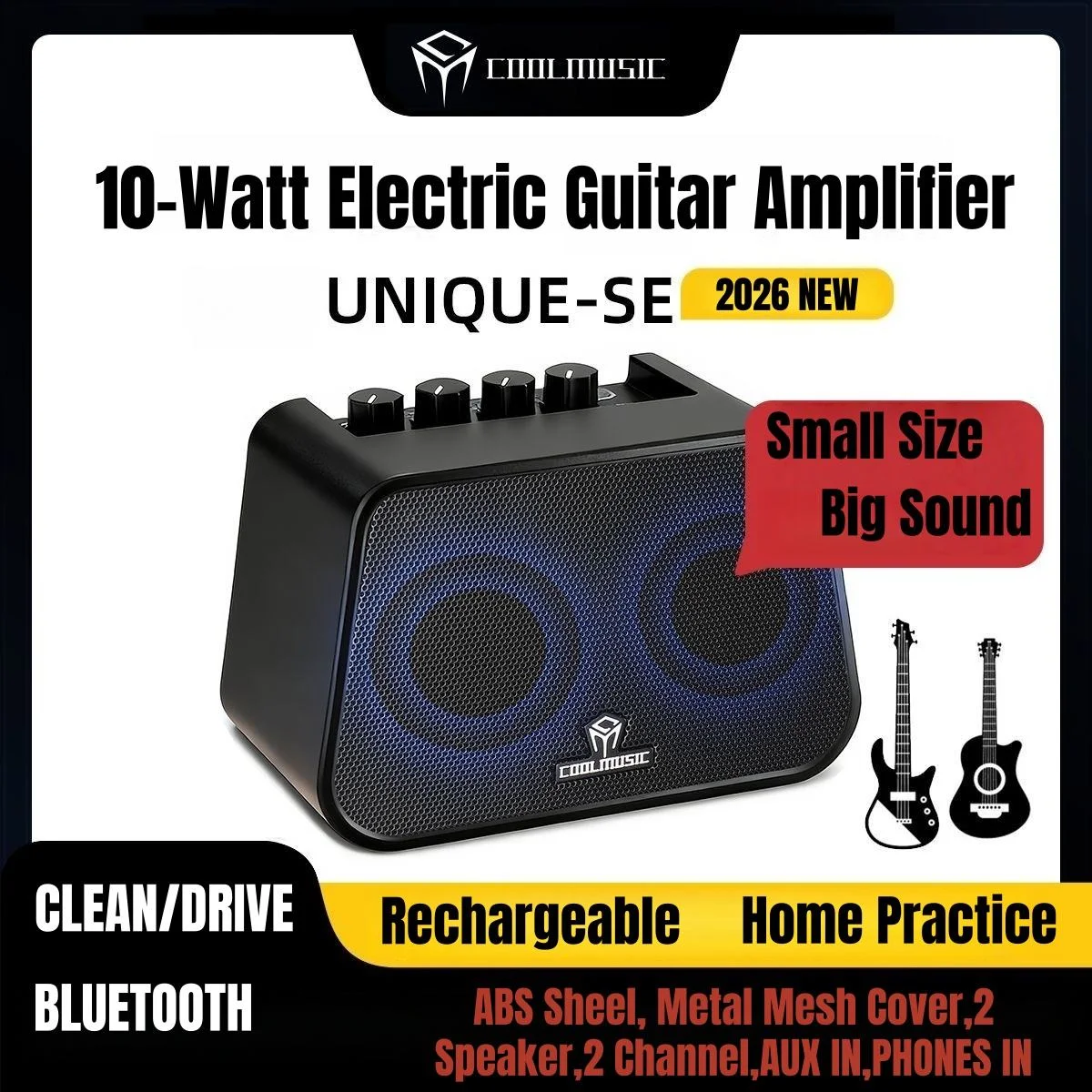 COOLMUSIC UNIQUE SE 10W Portable Electric Guitar Amplifier Bluetooth Rechargeable 3 Speakers Clean Distortion Tone for Practice