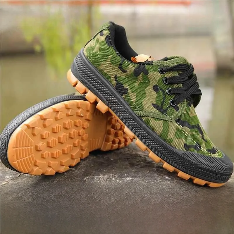 

Утолщенная подошва из бычьего сухожилия, мужские рабочие защитные ботинки больших размеров, противоскользящие, износостойкие, из парусины, камуфляжные, для тренировок