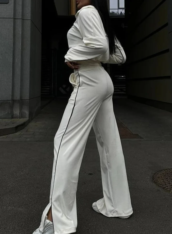 

Модные комплекты для женщин, повседневные винтажные однотонные карманы на молнии с длинными рукавами, новые осенне-зимние комплекты брюк