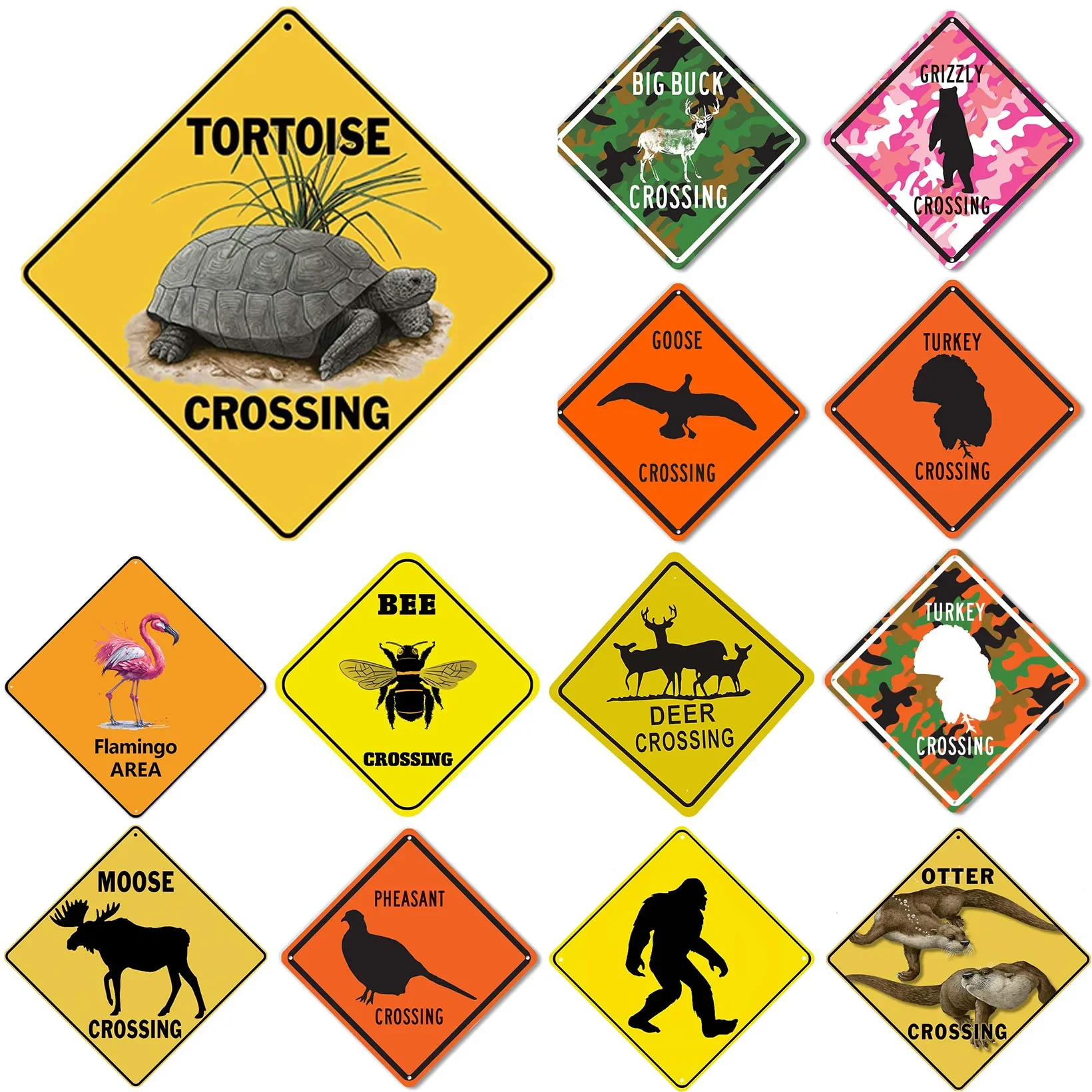 Funny Metal Tin Sign Tortoise Horse Bee Otter Xing Caution Crossing Sign Wildlife Gift for Indoor Outdoor Wall Decor Square Sign