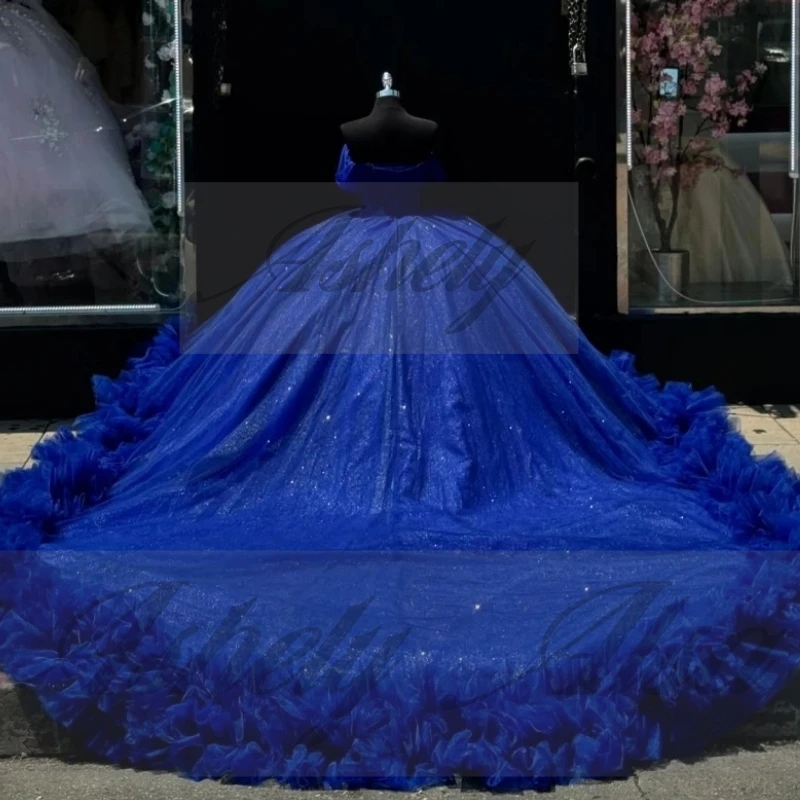 A16991 Sukienki Quinceañera dla 15-latki w kolorze prawdziwego królewskiego błękitu, zdobione koralikami, z falbankami, bufiaste, na bal, urodziny, specjalne okazje, szyte na miarę