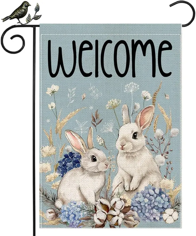 GEEORY Bunny Welcome Garden Flag 12x18 - Floral Rabbit Burlap Flag for Spring Yard Outdoor Decor WWP