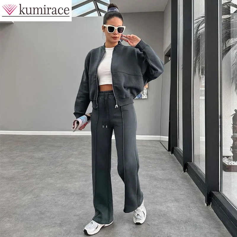 

Autumn and Winter New European and American Solid Color Velvet Zipper Cardigan Women's Fashion Casual Straight Leg Pants Set