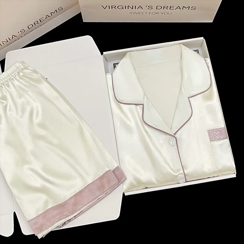 ملابس نوم نسائية مقاس كبير بيجامة حريرية للطالبات بتصميم جميل وأكمام قصيرة طقم ملابس نوم بلون سادة ملابس صوفية #5