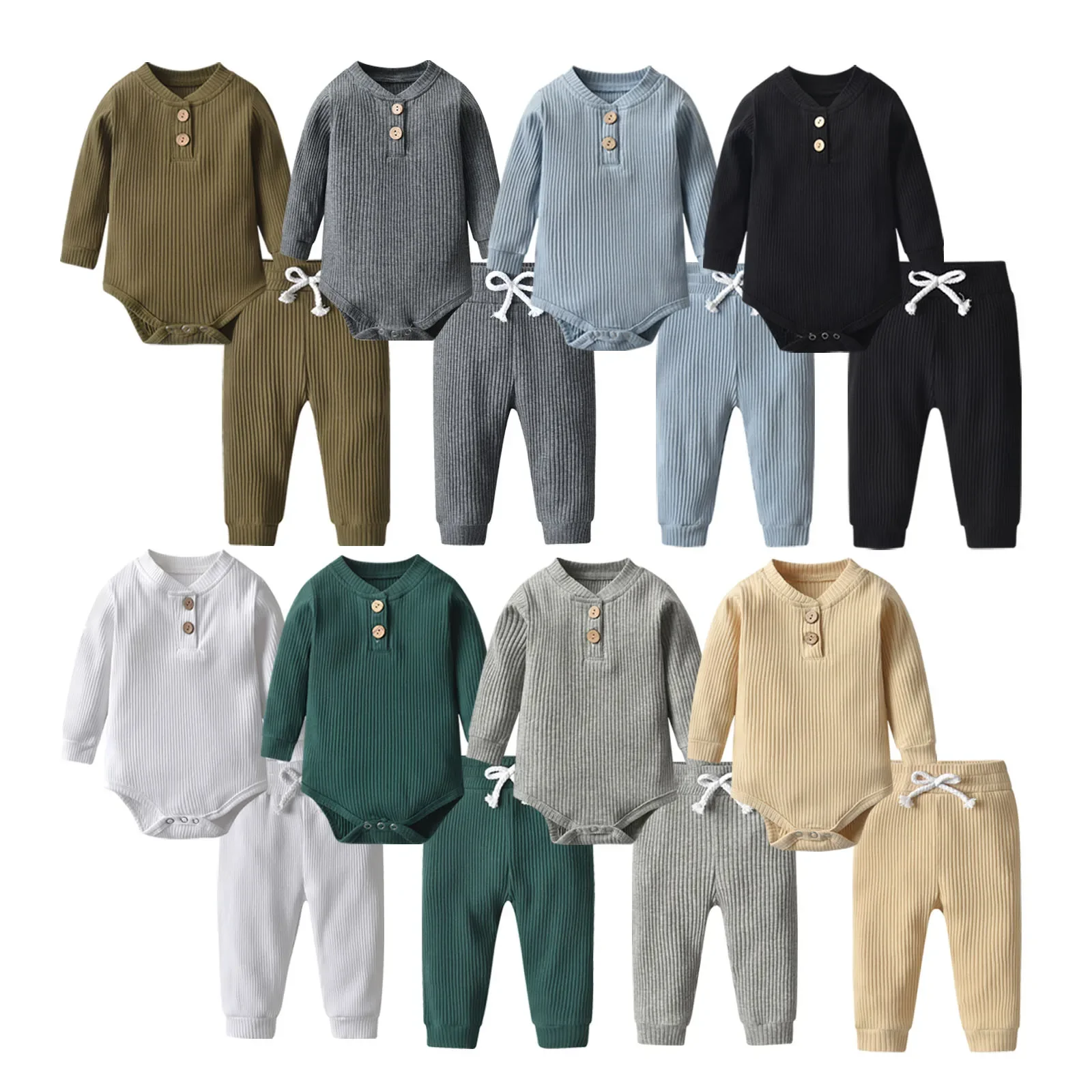 Newborn Baby Boys Girls Clothes Set Cotton Solid Knitted Ribbed Long Sleeve Bodysuit and Pants Infant Clothig Outfits