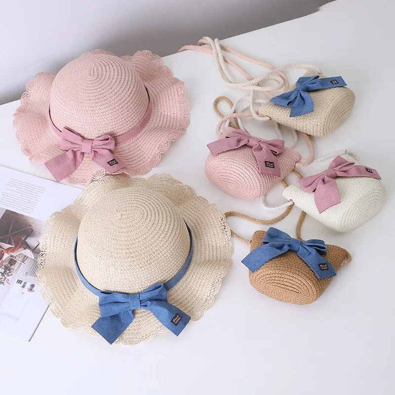 

2PCS Summer Girls Beach Sun Hats Lotus Leaf Brim CuteSquinting Bowknot Outdoor Sun ProtectionChildren Straw Cap Kids Beach Hat