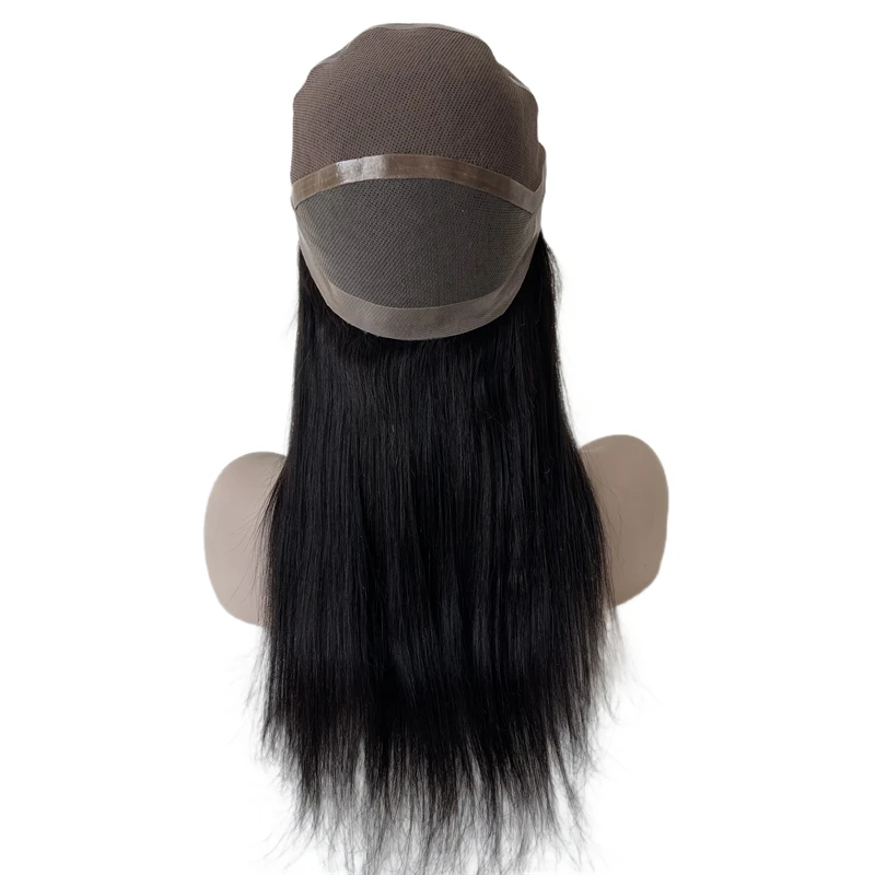 Peruca perimetral para mulher negra, cabelo humano virgem brasileiro, cor natural, densidade 150%, top de seda 4x4, renda cheia com PU, 16 polegadas