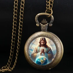 Reloj de bolsillo de cuarzo Vintage para hombres y mujeres, collar con colgante único, accesorios de regalo, misterioso Jesús, hijo de Dios, bronce