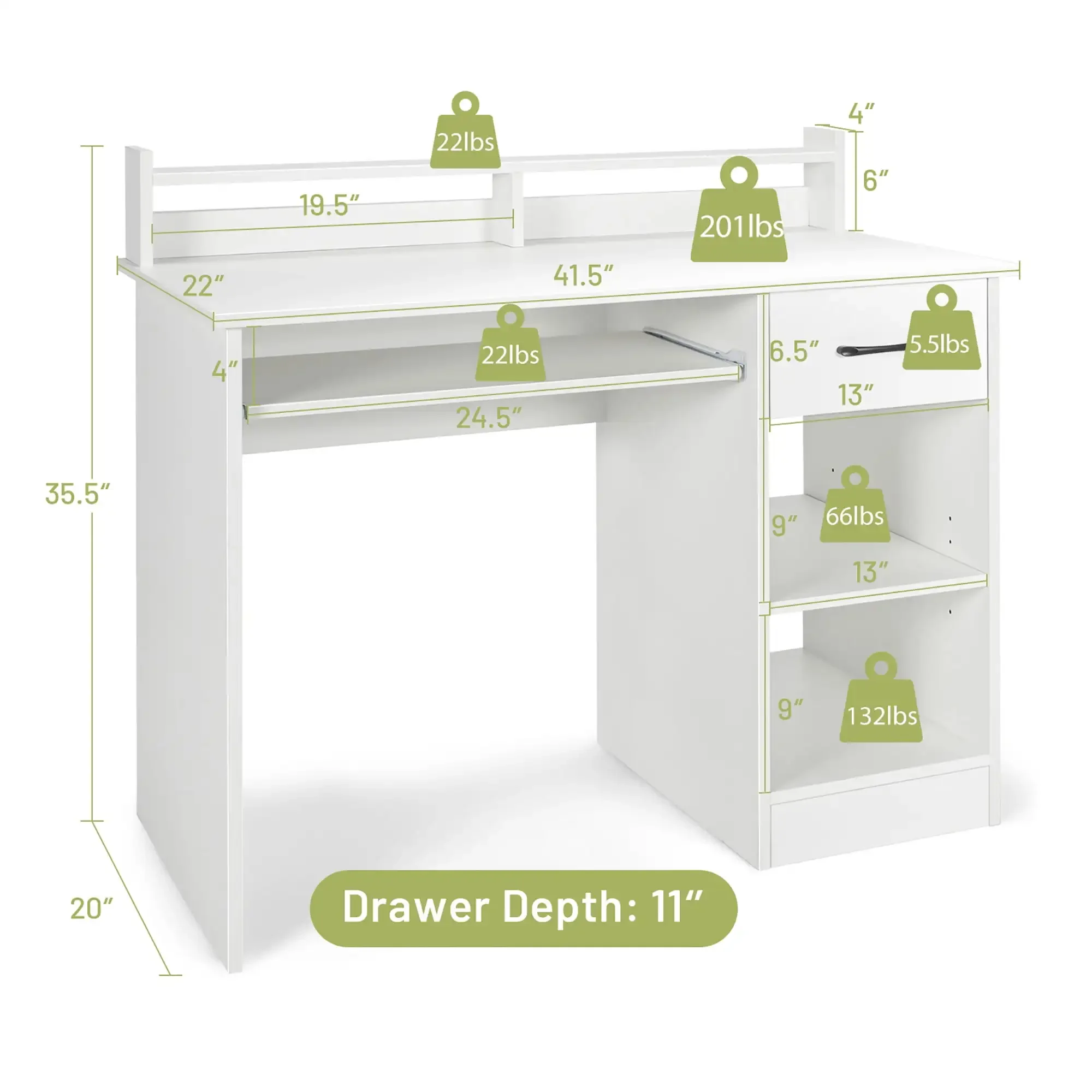 Mesa para computadora de 22 pulgadas de ancho, mesa para computadora portátil con cajón y bandeja para teclado, color blanco