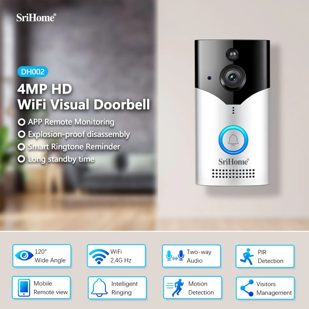 SriHome-timbre de puerta inteligente, intercomunicador de 2 vías, cámara de vídeo Wifi, 4MP, DH002