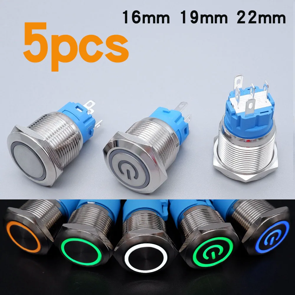 

5PCS Metal Button Switch 16/19/22mm Without Wire Waterproof Illuminated Metal Flat Latching Momentary with Power Mark 5V 12V 24V