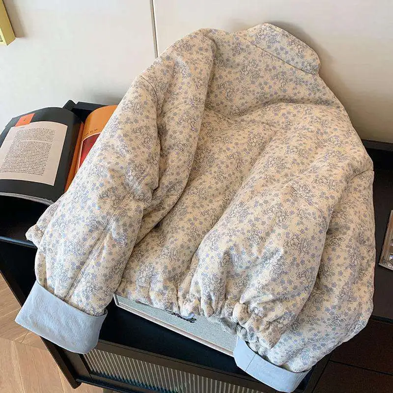 Blue Printed Stand Up Collar Cotton Jacket For Women's Winter 2024 New Casual Loose Korean Version Sweet Warm Cotton Jacket