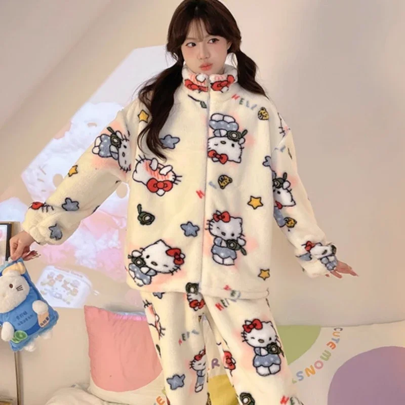 Sanrio Hellokitty Cotton Coat Kuromi Pajamas Cinnamoroll Girls Autumn and Winter Thickened Plus Velvet Cute Ins Home Clothes Set