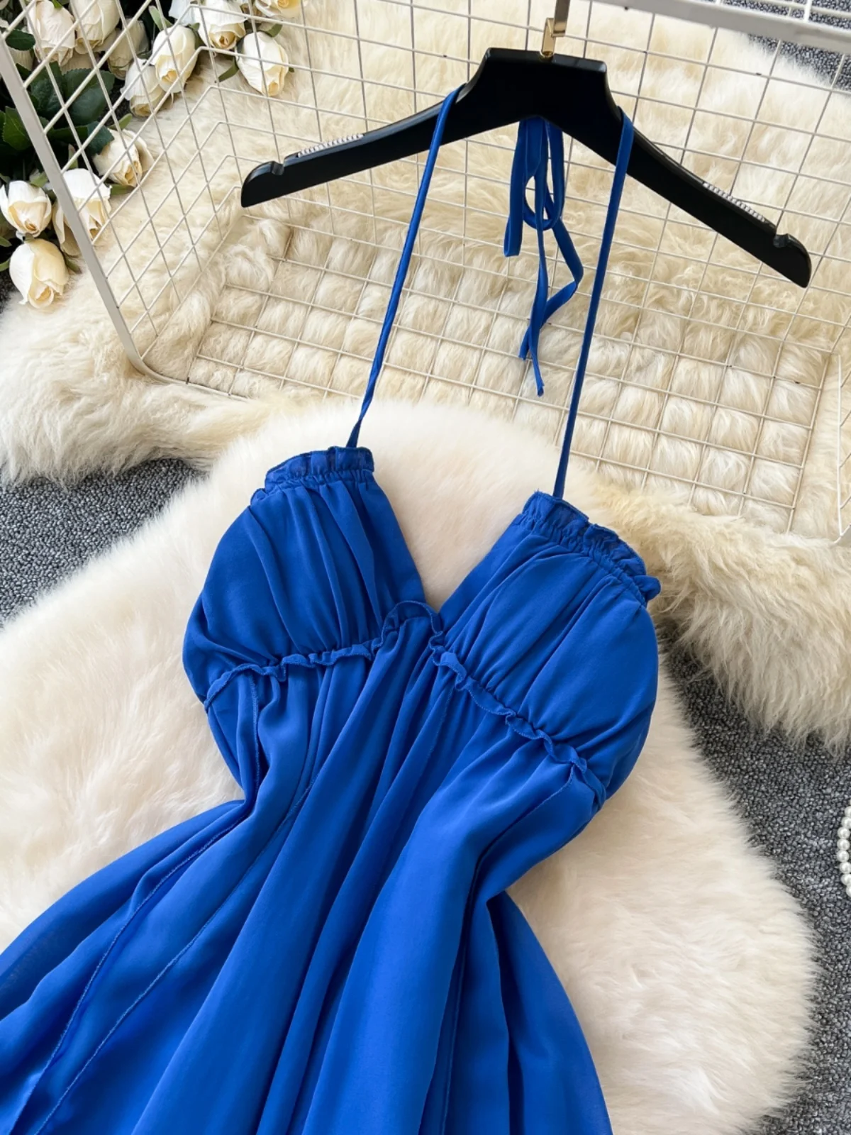 Blue Vacation Style Women's Dress V-Neck Halter Strap Long Skirt A-Line Mid-Length Spring Season No-Sleeve Other Pattern