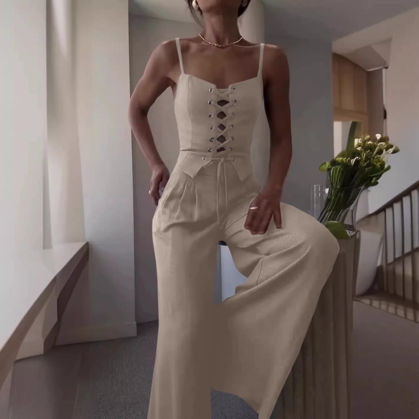 

2025 New Fashion Slim Backless Top + Wide Leg Pants Two-piece Sets Women Summer Casual Solid Color Vest Pants Set For Women