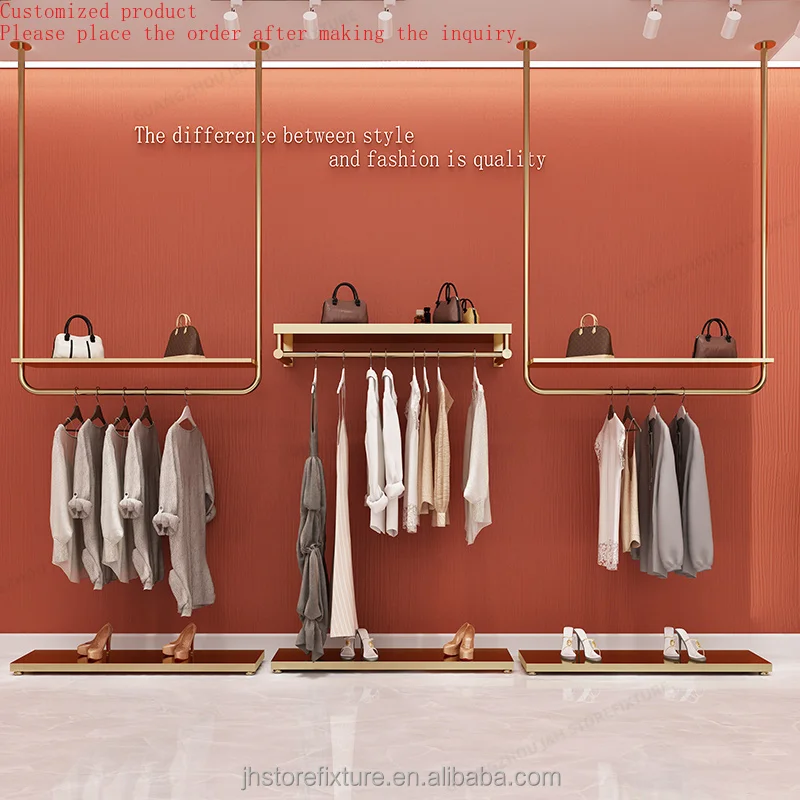 

Customized Boutique Gold Kids Baby Clothes Lady Apparel Garment Display Shop Fitting Stand Clothing Wall Rack