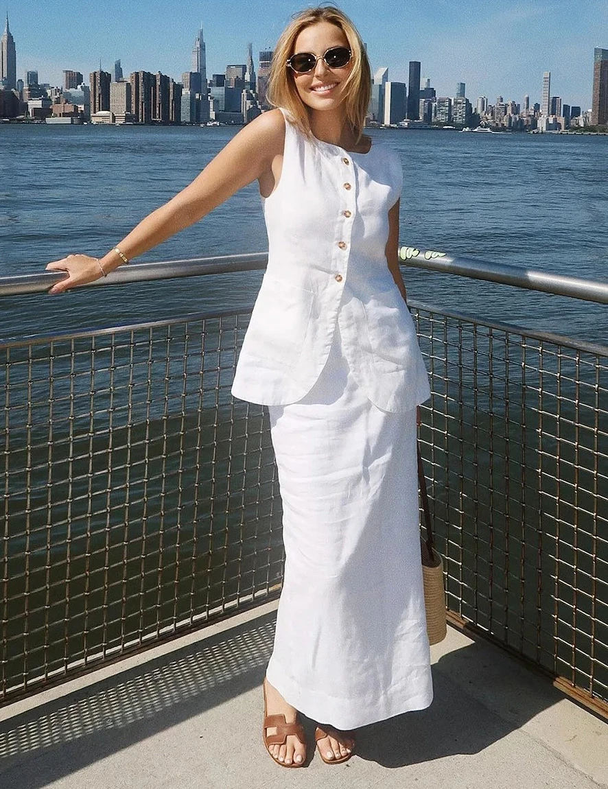 

Women's Sleeveless Vest High Waisted Skirt Set Spring Summer New Linen Casual Suit Fashion Office Lady Vest Set