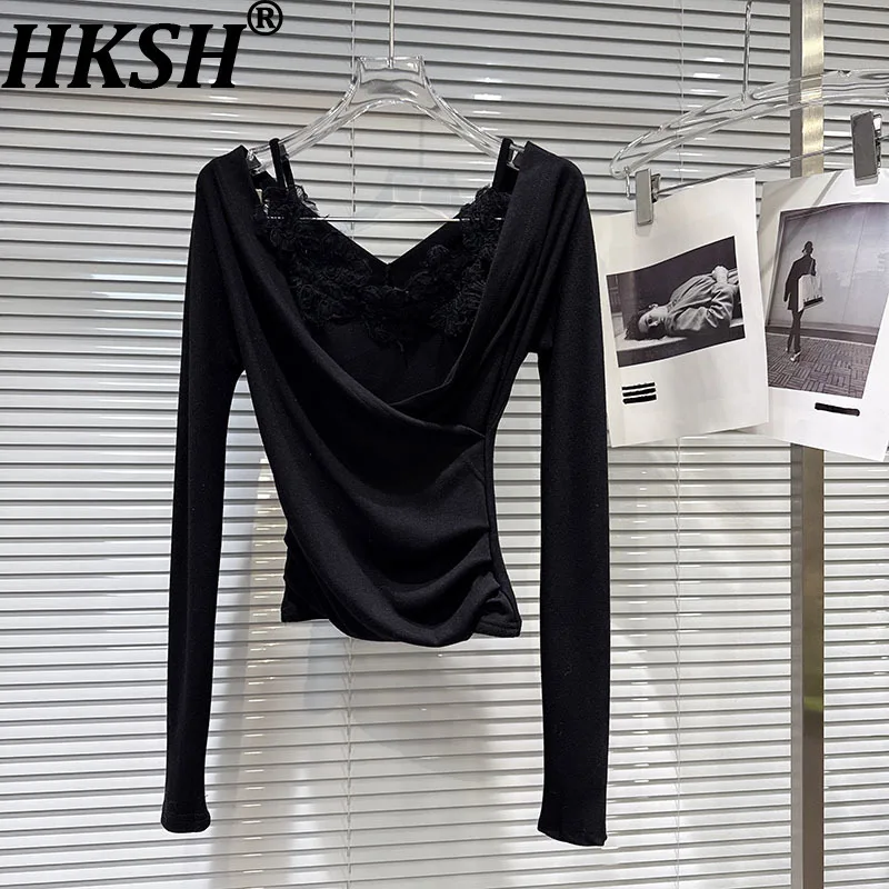 

HKSH Spring Autumn New Women T-shirt Long Sleeves V-Neck Pleated Slim Fit Tee Lace Patchwork Vest Elegant Two-Piece Tops HK16757
