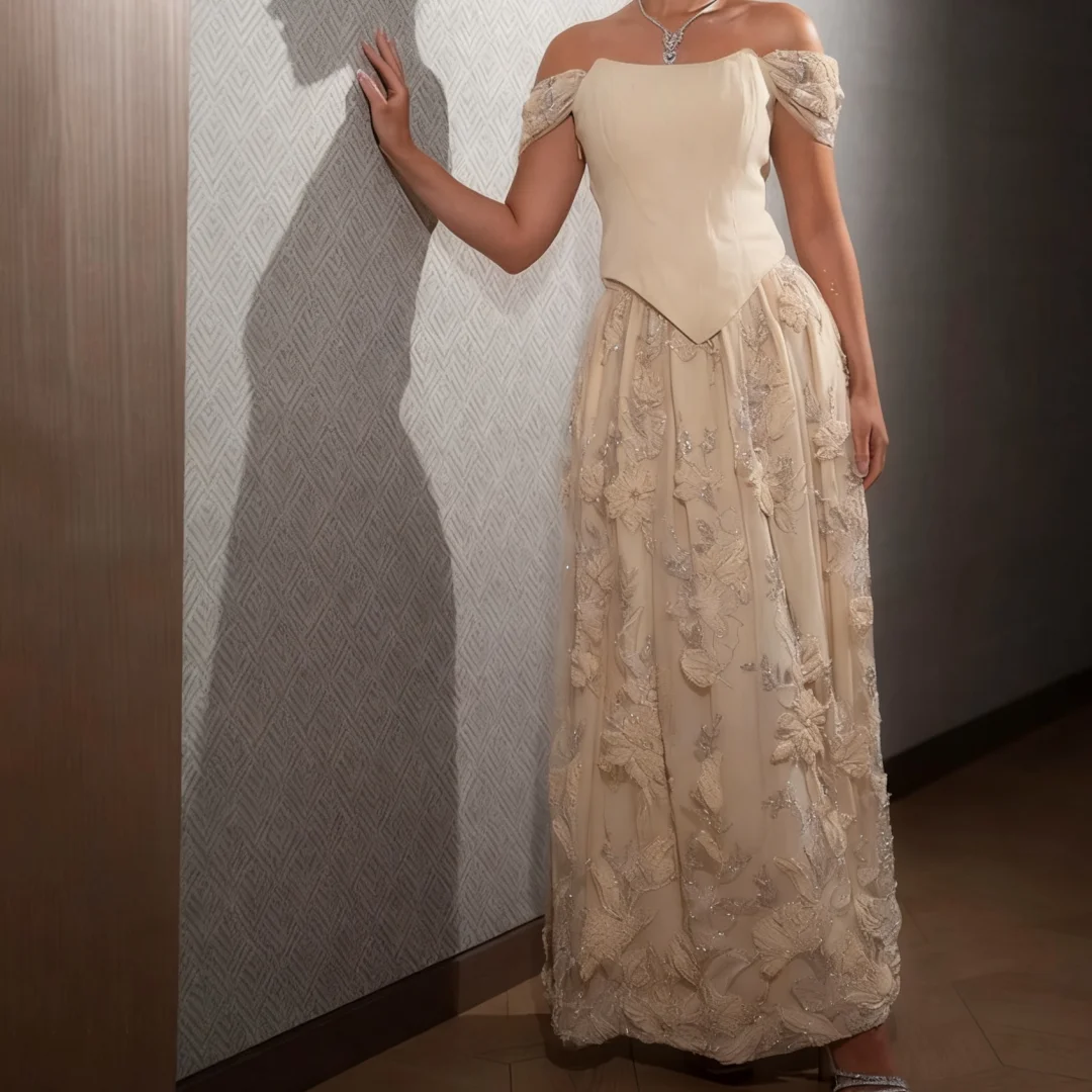 فستان سهرة بسيط قبالة الكتف من الجيرسيه بدون أكمام على شكل حرف A مزين للحفلات بطول الكاحل بدون ظهر فستان حفلات مخصص #3