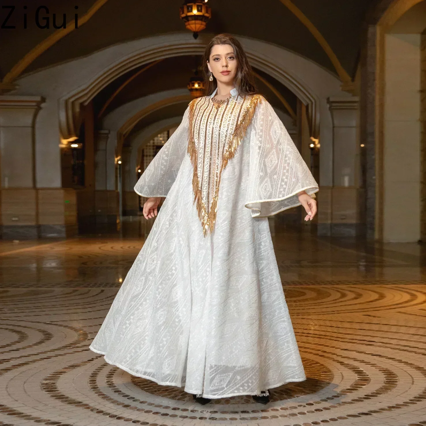 Caftan Moroccan Dress Flare Sleeve Embroidery Chiffon Lace Sequins Tassel Dubai Luxury Dresses Saudi Arabia Muslim Evening Gown