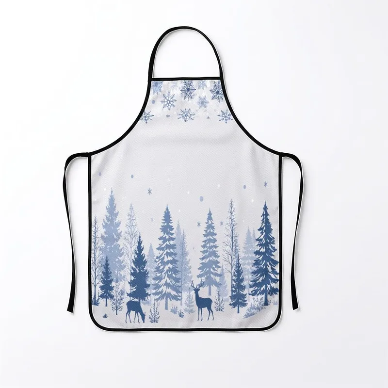 1PC【Apron】2DFlat effect，Nordic-style print featuring blue winter pine forest, snowflakes, and reindeer，Durable and practical，Sui