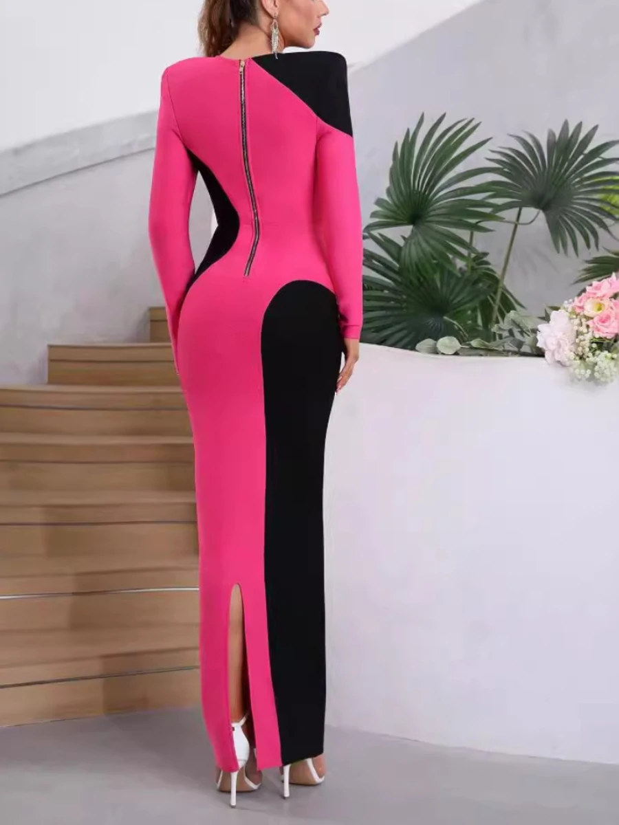 VGH Hit Color Long Bodycon Dresses for Women O Neck Long Sleeve Shoulder Pads Fashion Casual Slim Party Evening Dress Female New