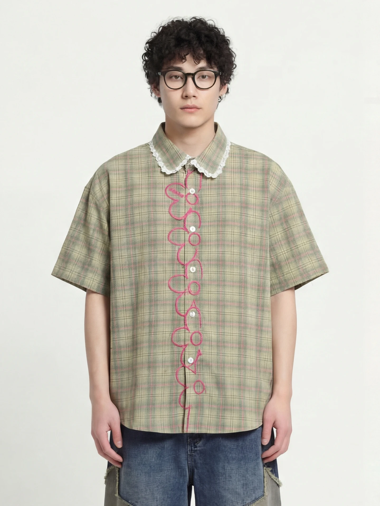 

Loose Fit ort Sve irt from Lace Collar College Sle een Base Pink Weave Tape Trendy Color Blo Plaid irt