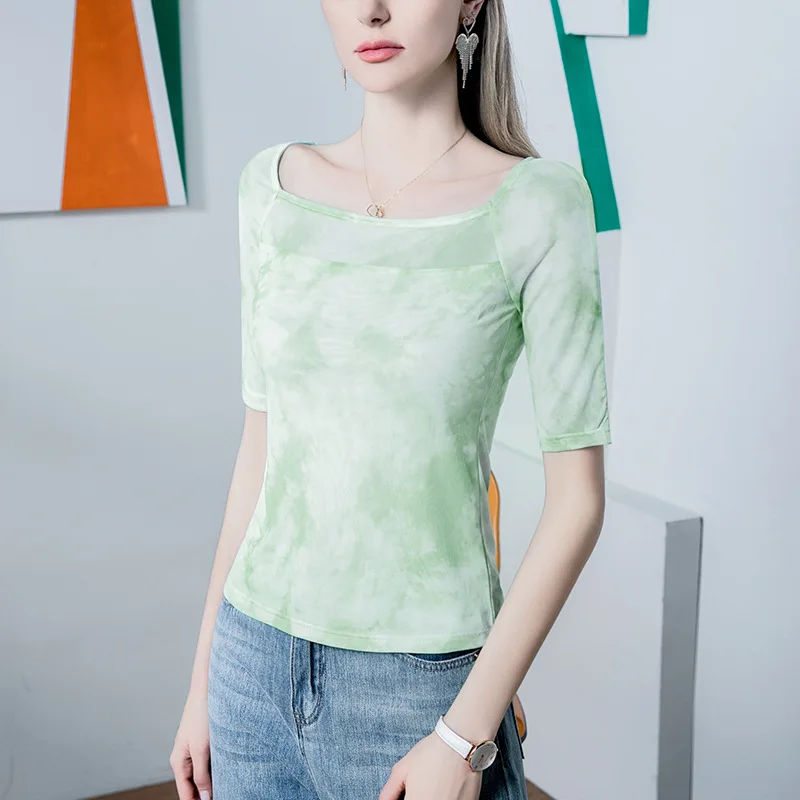 Boweylun Tie-dye Printed Square Neck Mesh Sleeve T-Shirt Women Summer Sexy Leakage Collarbone Middle Sleeve Tops Female