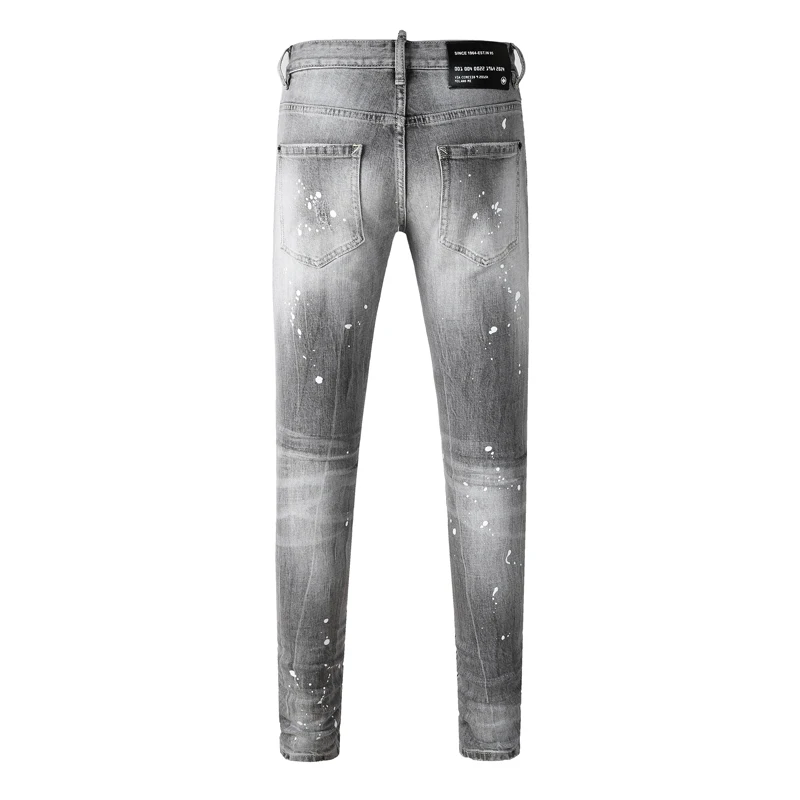Y2KMen's Light Gray Slim Fit Jeans Fashionable Painted Washed Nostalgic Perforated Patch Elastic Hip-Hop Brand Pan