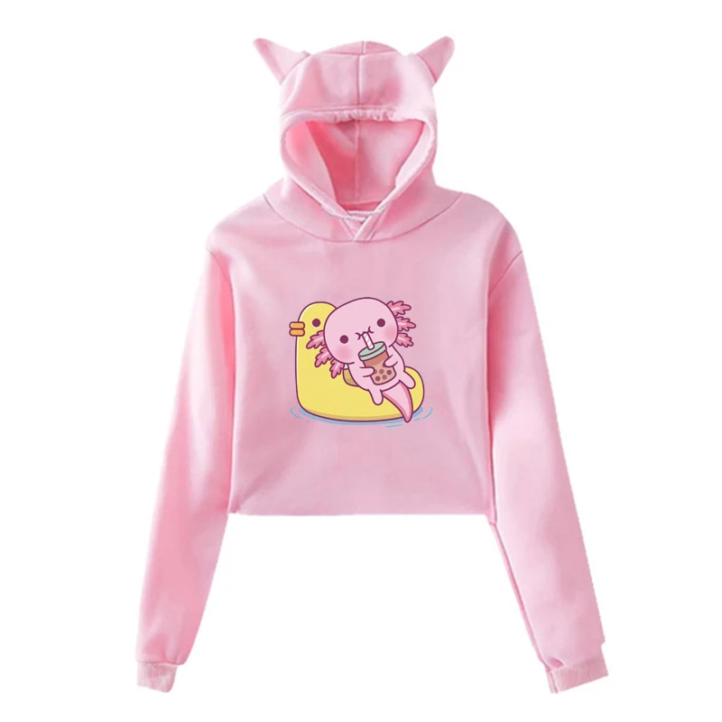 Cute Axolotl Boba Tea Graphic Printed Hoodie Women Fashion Kawaii Cropped Cat Ear Pullover Casual Long Sleeve Y2k Sweatshirt