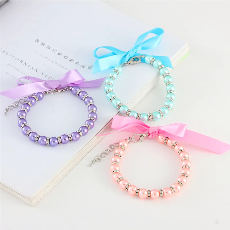 

1Pcs Newest Pet Collar white Purple Blue Pink Pearl Ribbon Necklace With Rhinestone Wedding Collar Jewelry for Small Medium Dogs
