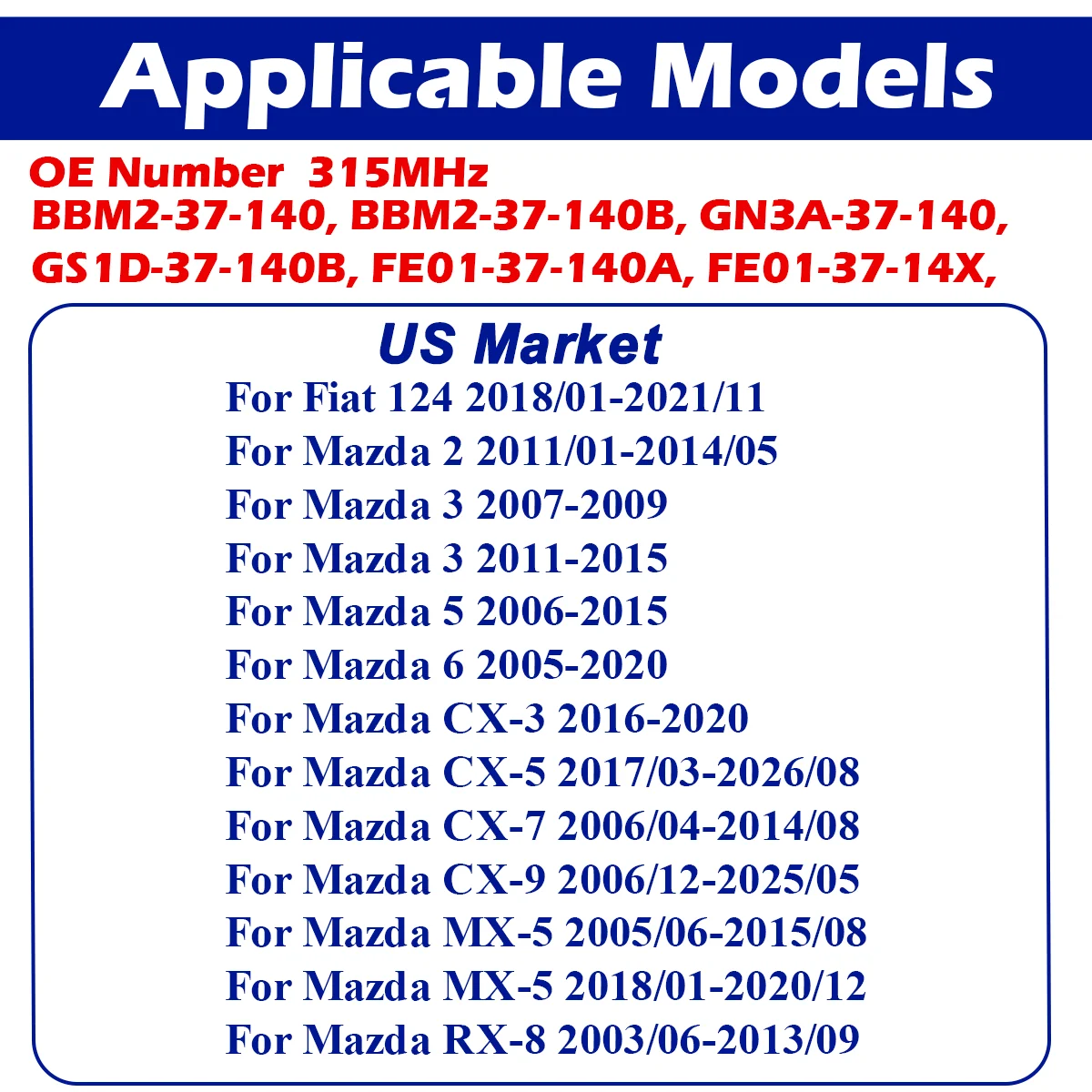 BBM2-37-140B TPMS Tire Pressure Monitor Sensor For Mazda 2 3 5 6 CX-3 CX-5 CX-7 CX-9 MX-5 RX-8 GN3A-37-140 FE01-37-140A 315MHz