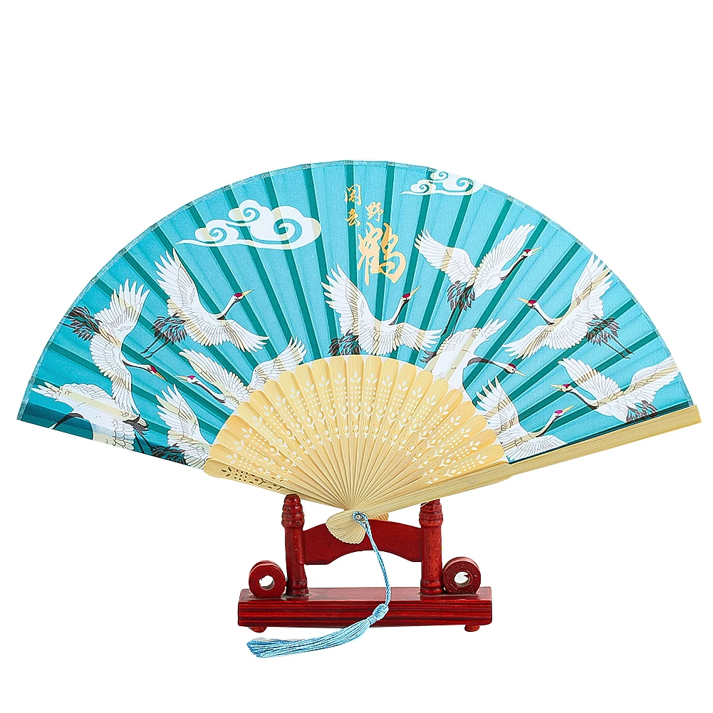 Grúa de estilo chino Vintage, ventilador plegable impreso con patrón de nubes auspiciosas, decoración del hogar, manualidades, espectáculo de baile, suministros de tiro