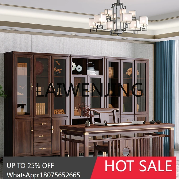 Solid Wood Free Combined Bookcase Chinese Study Storage Rack Living Room with Lockers with Glass Door