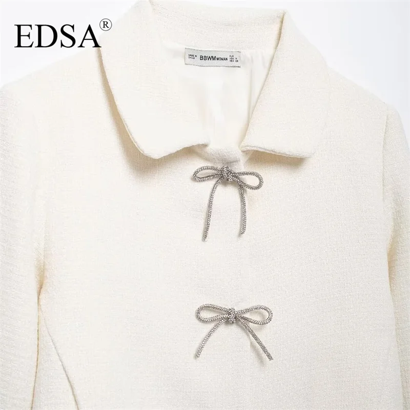 EDSA Women White Tweed Jackets with Bow Vintage Single Breasted Lapel Neck Long Sleeves Textured Coat Female Chic Lady Outfits