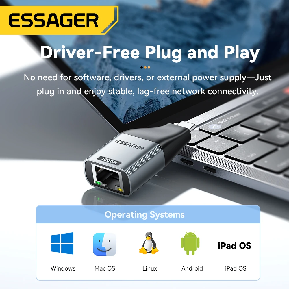 محول Essager-C إلى إيثرنت ، محول RJ45 عالي السرعة إلى Type-C للكمبيوتر المحمول MacBook ، بطاقة شبكة سلكية ، mgibps ، Mbps ، Mbps