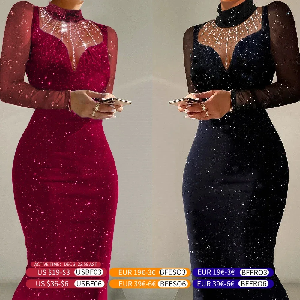 STUNROBES Sexy Sequin Formal Evening Dresses For Women 2024 Autumn High Waisted Slim Long Dress Ruched Elegant Party Prom Dress