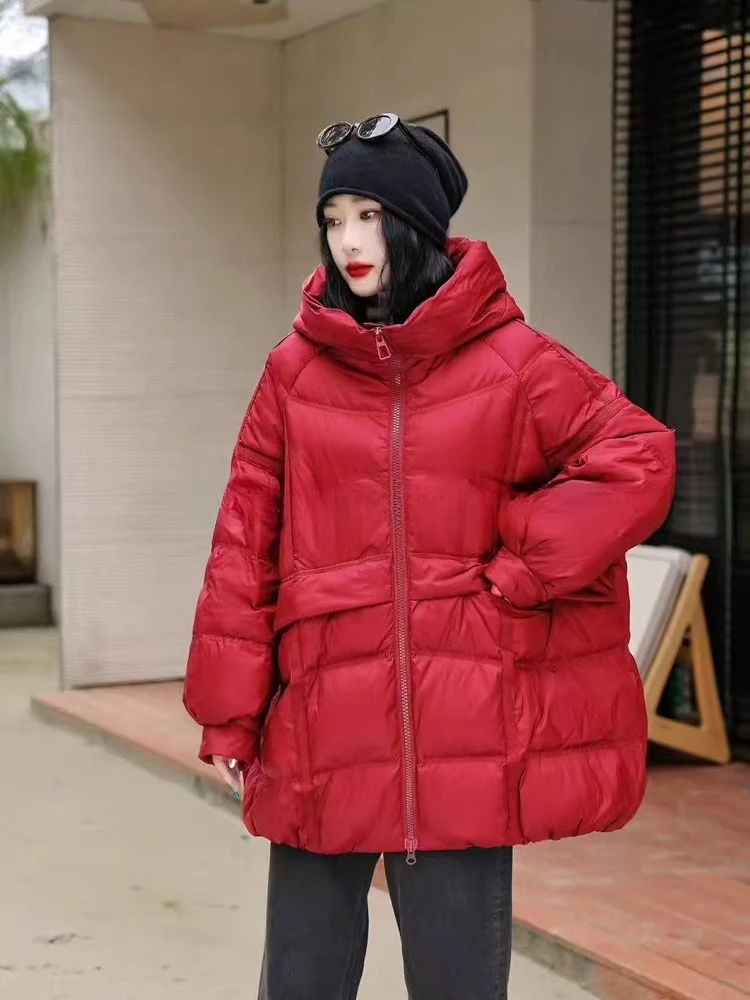 レディース90%ホワイトダックダウンジャケット 秋冬 フード付き 暖かい オーバーサイズ パファージャケット カジュアル ルーズ 厚手 パーカー アウター 2025年新作